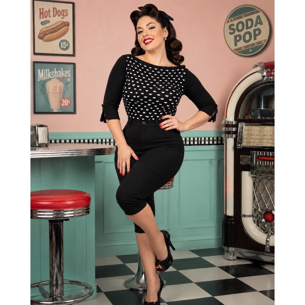 Banned Retro Black Heart Sweater L Cream Heart Print 3/4 Sleeve Rockabilly Pinup